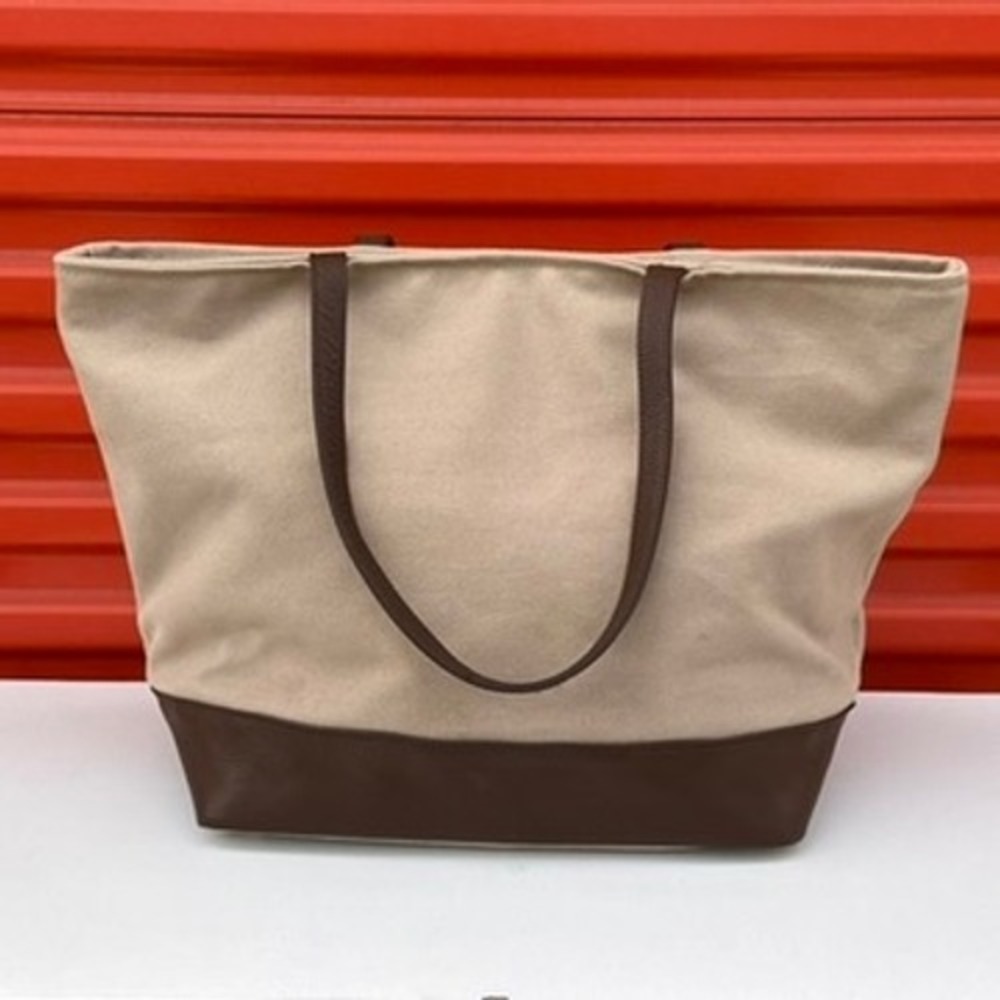 Restoration Hardware Large Canvas Tote Bag Beige Brown Leather Trim Shoulder Bag